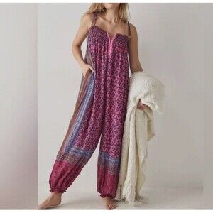Free People Pink and Blue Patterned Jumpsuit